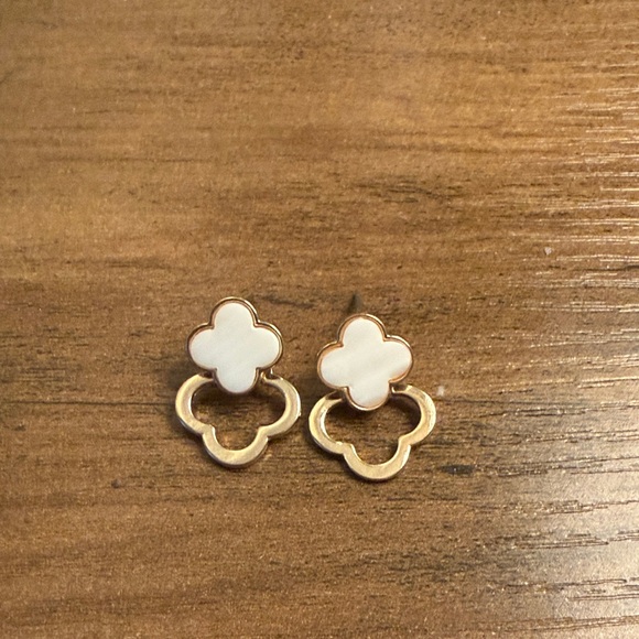 Jewelry - Gold and White Clover Drop Stud Earrings - Women Jewelry